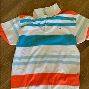 Striped Polo Shirt with Blue and Red Accents